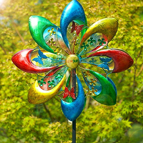 Outdoor Multi Color Flowers Wind Spinner for Outdoor Yard and Garden Art Decoration Large Metal Wind Spinner with Three Spinning Flowers and Butterflies Windmill Wind Sculpture